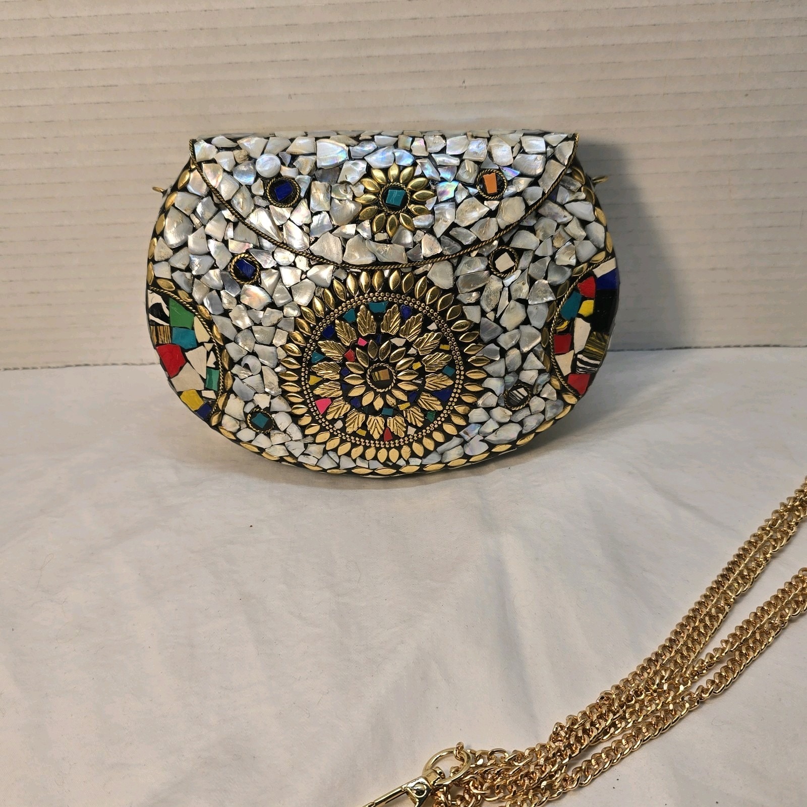 Ramla Handmade Mosaic Clutch Evening Bag Party Purse With Gold Tone Chain Strap